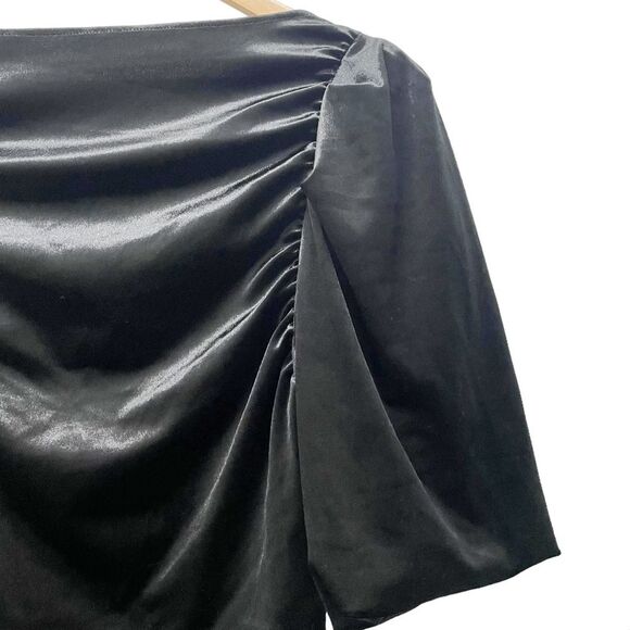 Vero Moda Black Velvet Boat Neck Ruched Puff Sleeve Cocktail Dress Size Medium - Picture 10 of 15